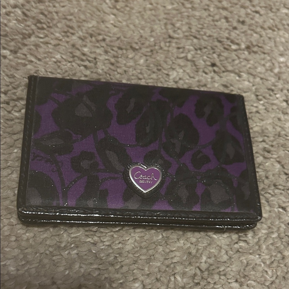 Coach Purple and Black Leopard Card Case with Heart Logo